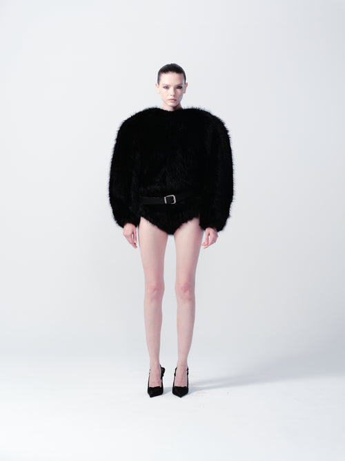 BIG ROUND SHOULDER FUR COAT WITH ATTACHABLE HIGH COLLAR