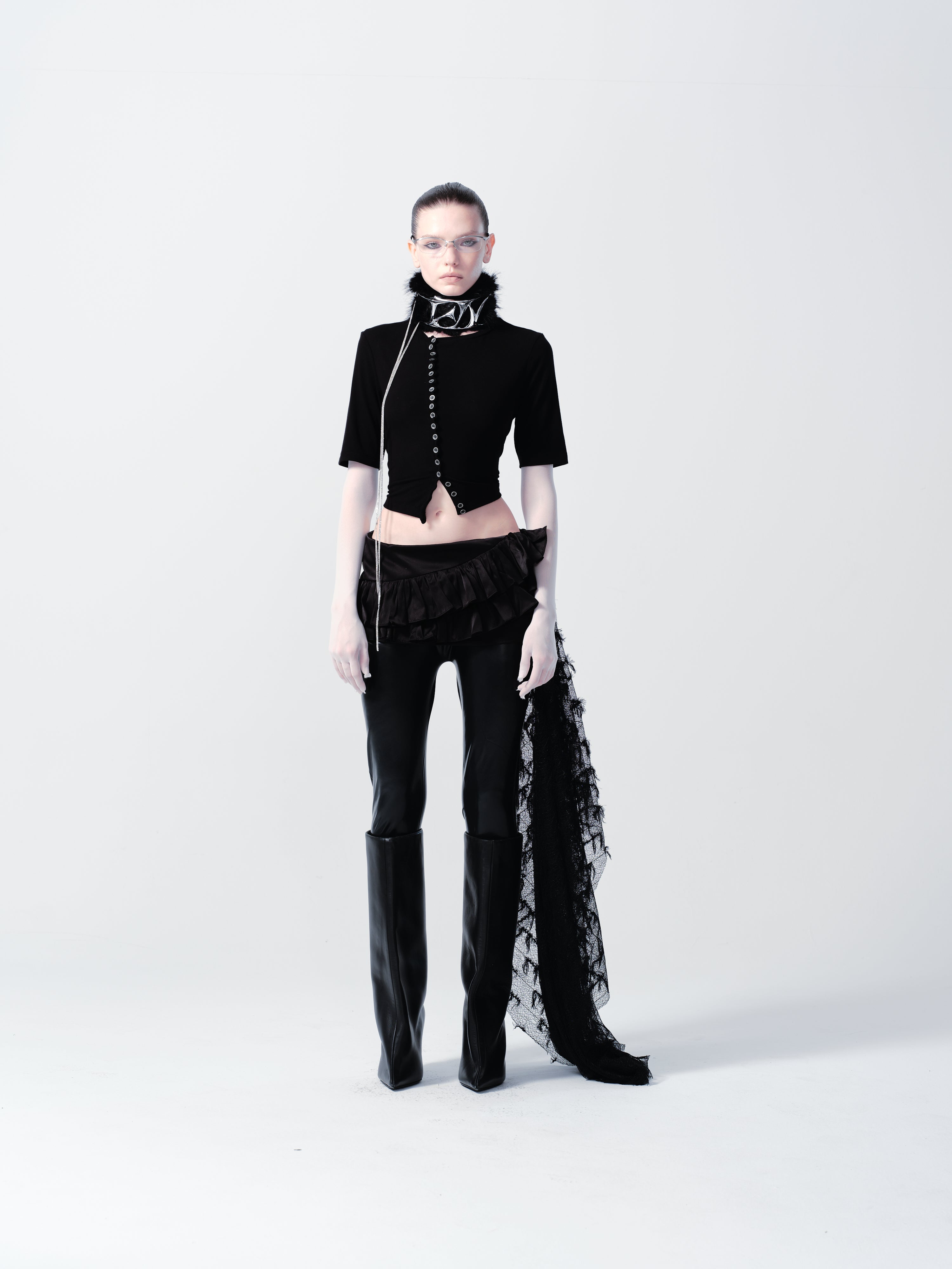 SATIN DRESS WITH LAYERS OF RUFFLES WITH LACE TRAIN