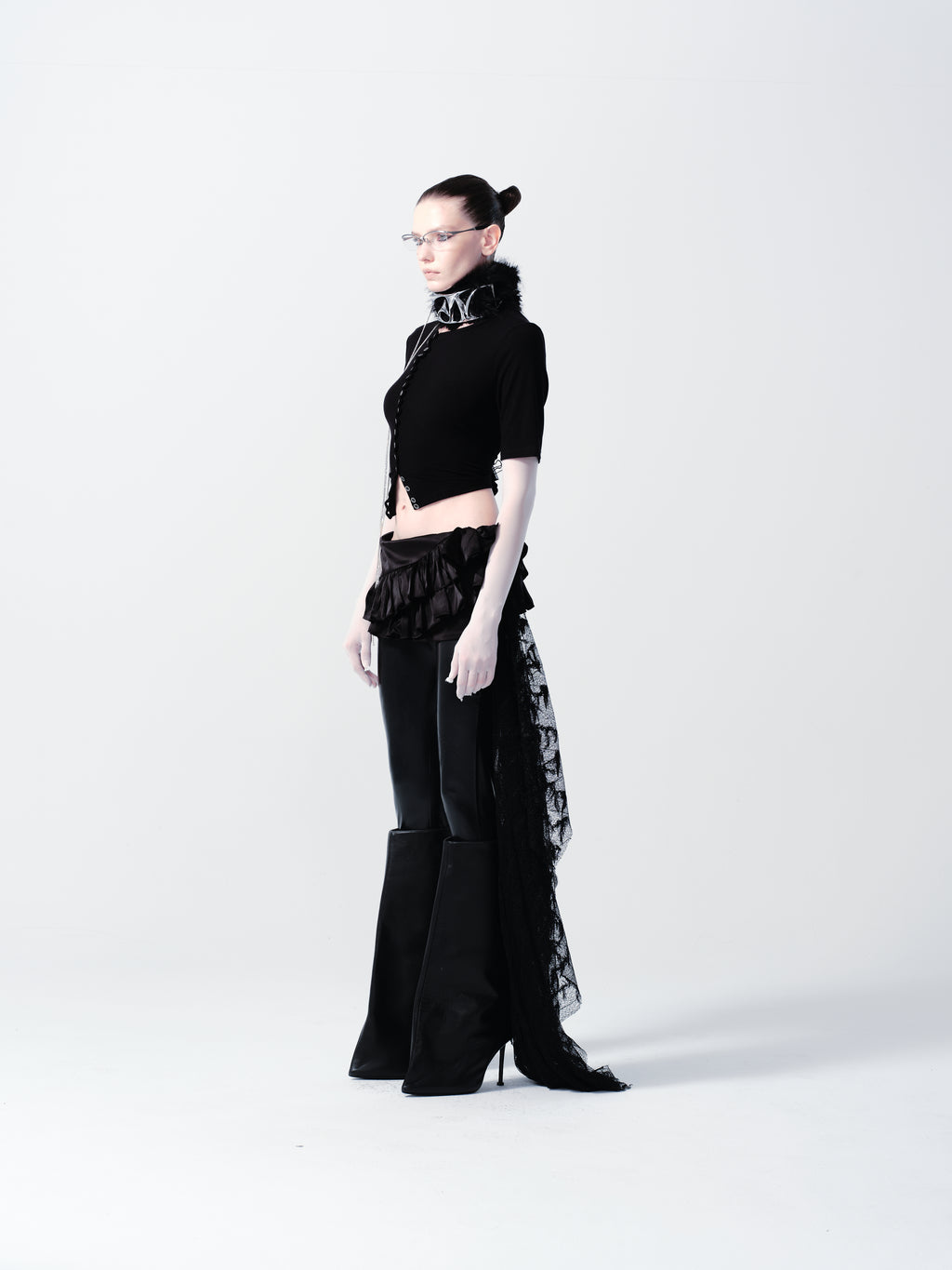 SATIN DRESS WITH LAYERS OF RUFFLES WITH LACE TRAIN