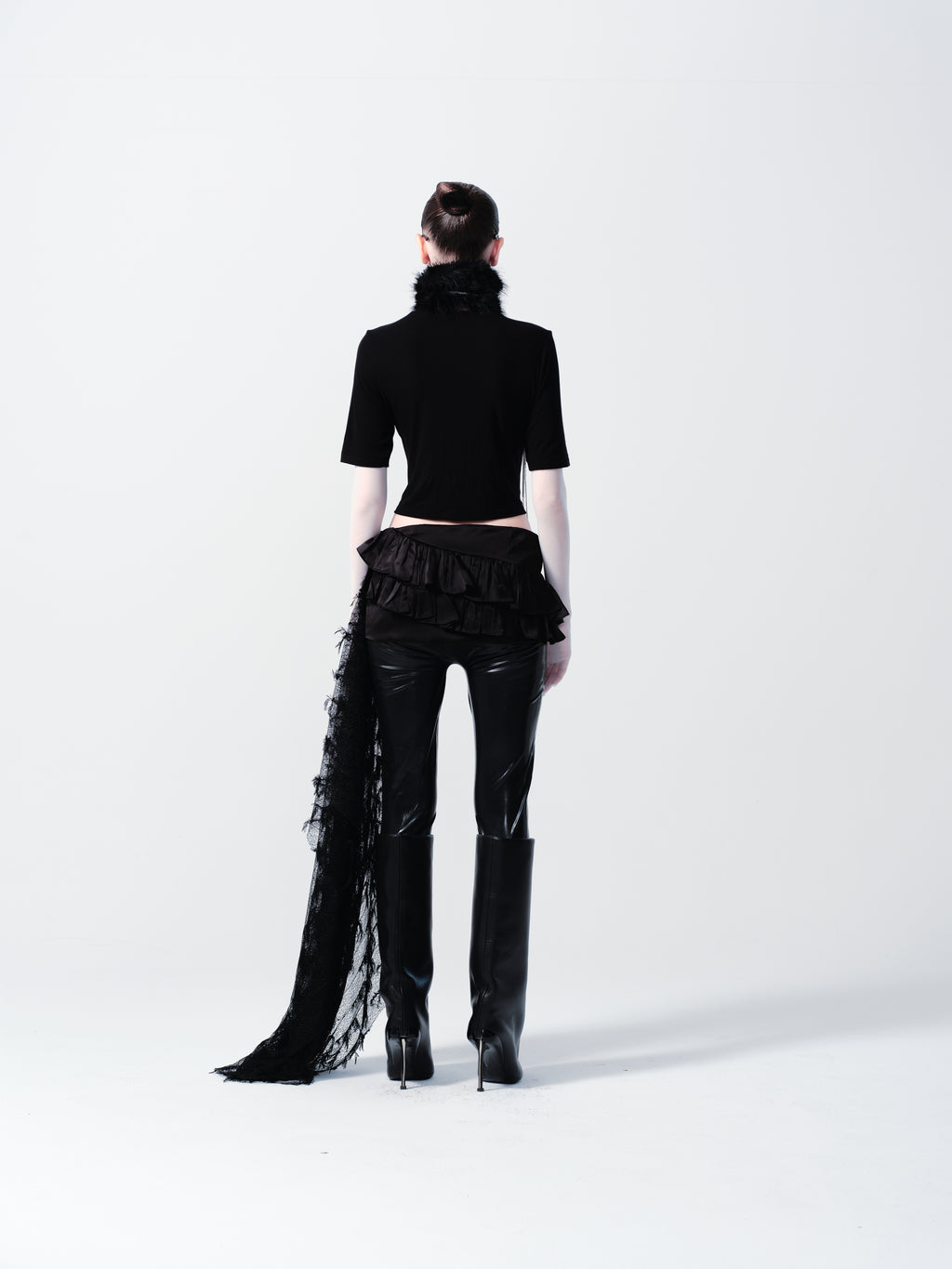 SATIN DRESS WITH LAYERS OF RUFFLES WITH LACE TRAIN