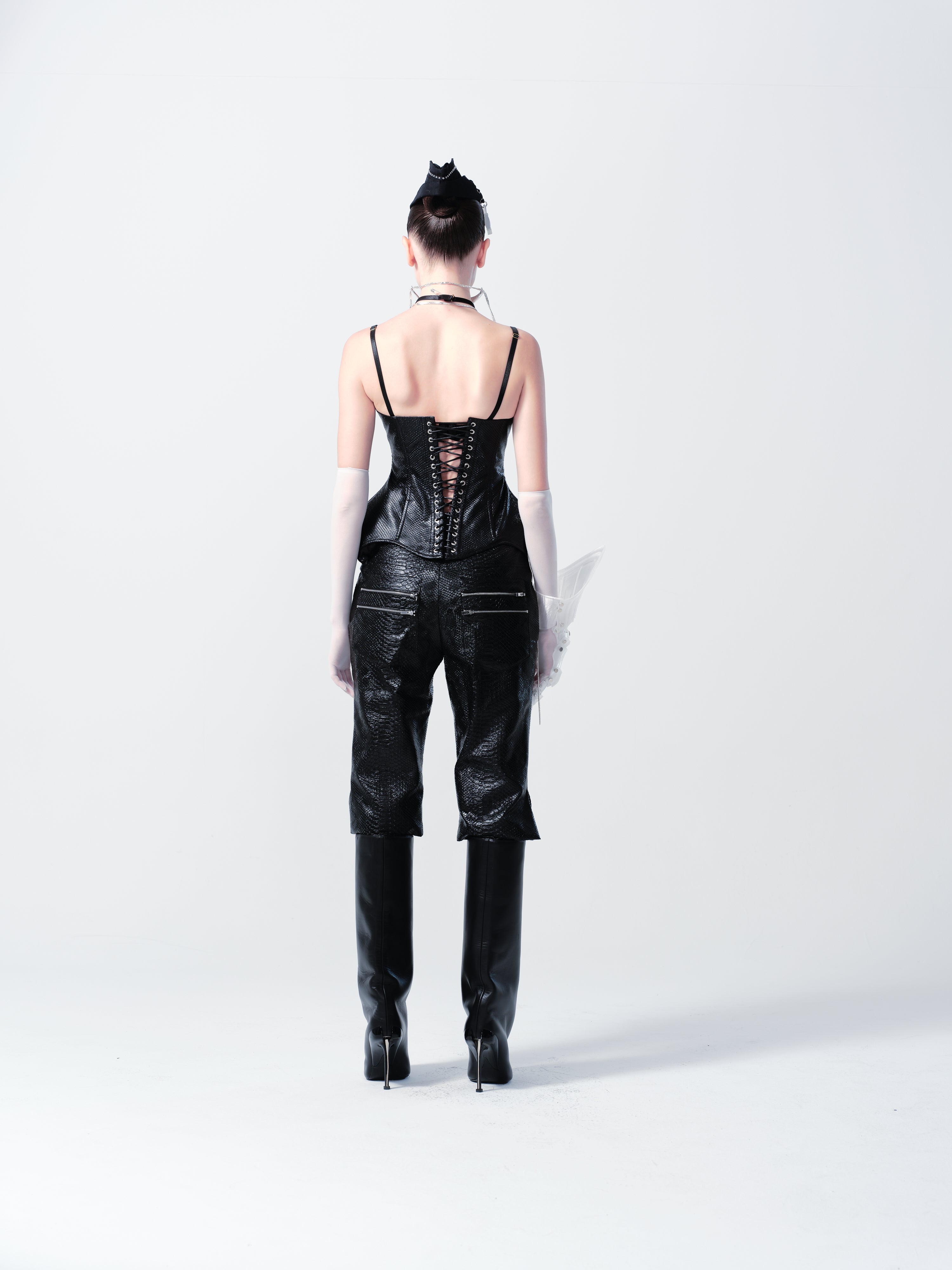 CROCODILE LEATHER KNEE LENGTH SHORTS WITH EYELETS