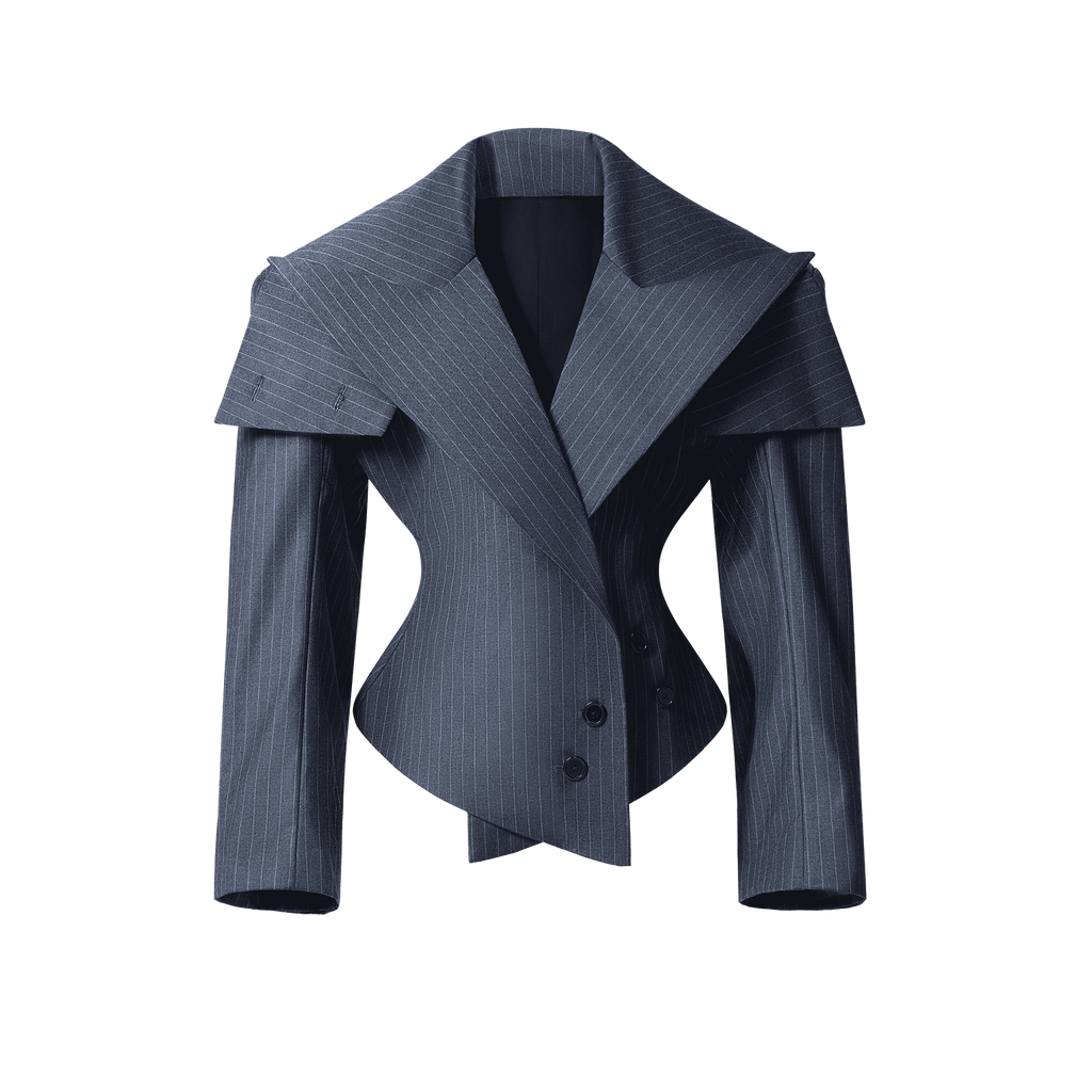 OVERSIZED SCULPTURAL CHEST REVEAL JACKET IN STRIPED SUIT