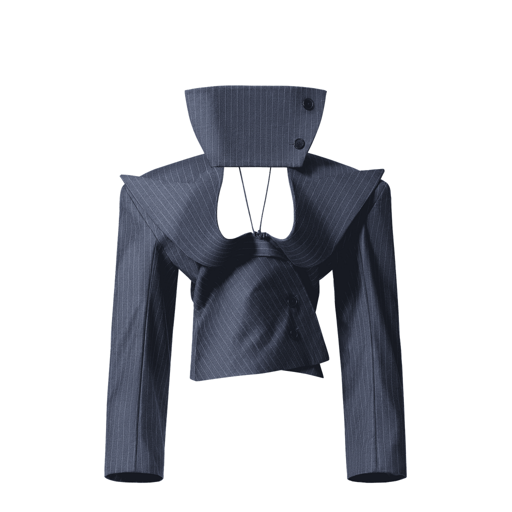 OVERSIZED SCULPTURAL CHEST REVEAL JACKET IN STRIPED SUIT