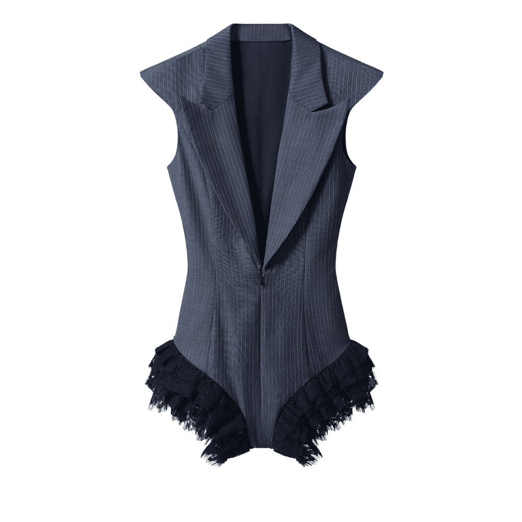 STANDING LAPELS BODYSUIT WITH LACE RUFFLES IN THIN STRIPED SUIT