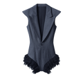 STANDING LAPELS BODYSUIT WITH LACE RUFFLES IN THIN STRIPED SUIT