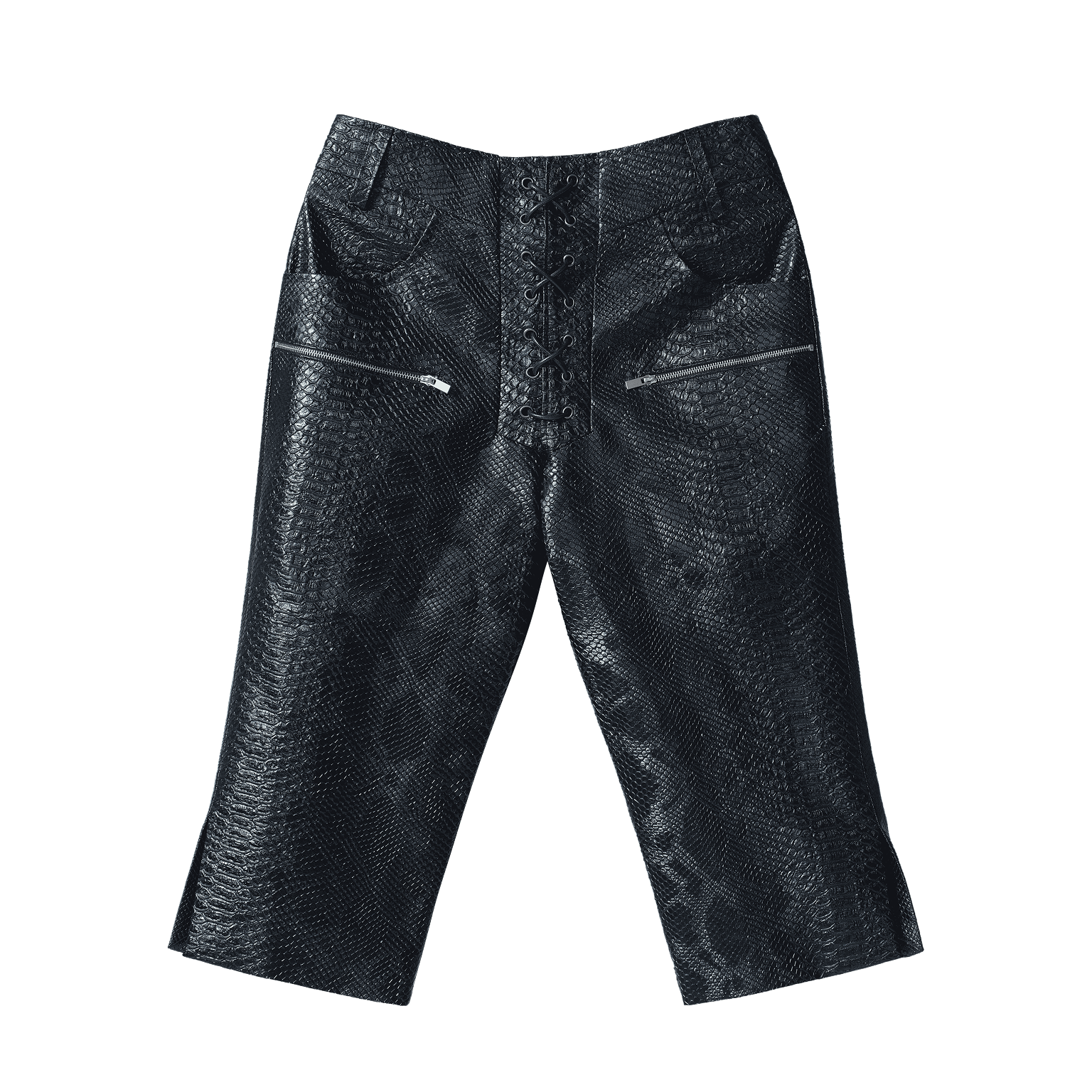 CROCODILE LEATHER KNEE LENGTH SHORTS WITH EYELETS