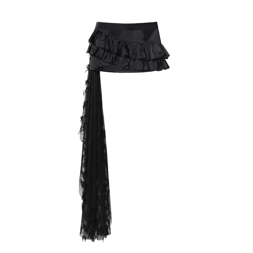 SATIN DRESS WITH LAYERS OF RUFFLES WITH LACE TRAIN