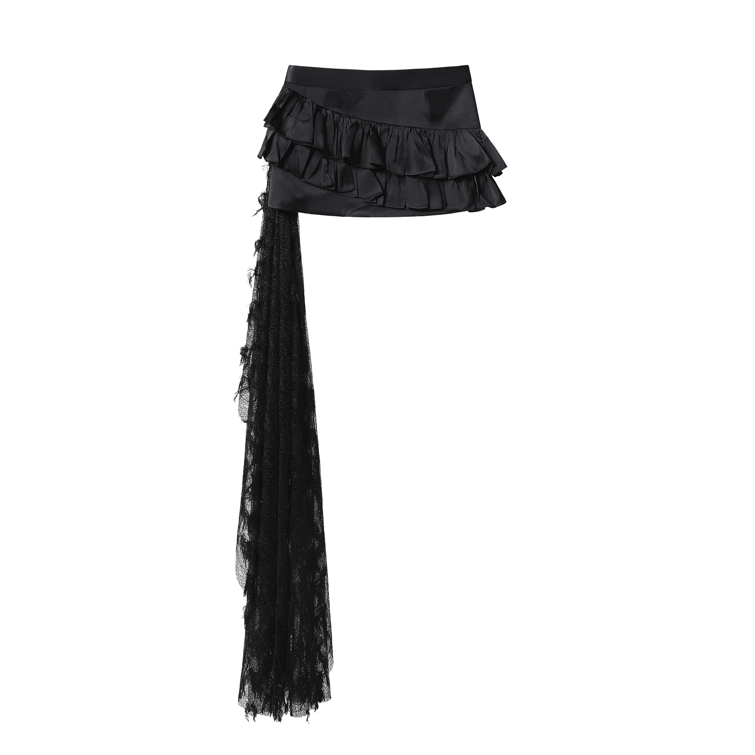 SATIN DRESS WITH LAYERS OF RUFFLES WITH LACE TRAIN